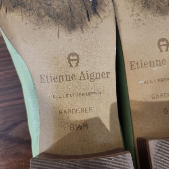 Etienne Aigner Lime Green Pumps Heels Womens 8.5 M Gardener Leather Stacked Heel - Picture 12 of 13